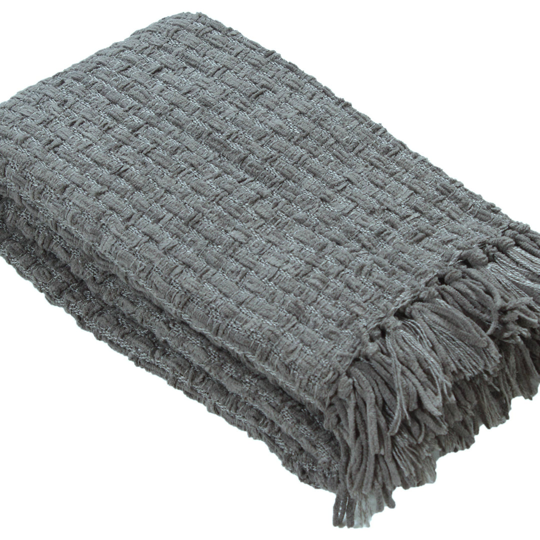 Gray woven blanket with fringes on a white background