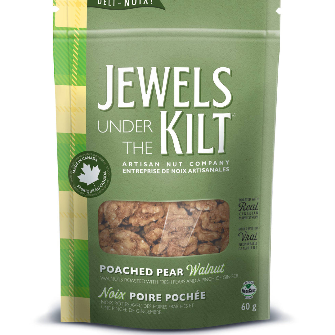 A 60g stand-up pouch of Jewels Under the Kilt Poached Pear Walnut nuts, featuring a green and yellow plaid design with a clear window showing the nuts inside.
