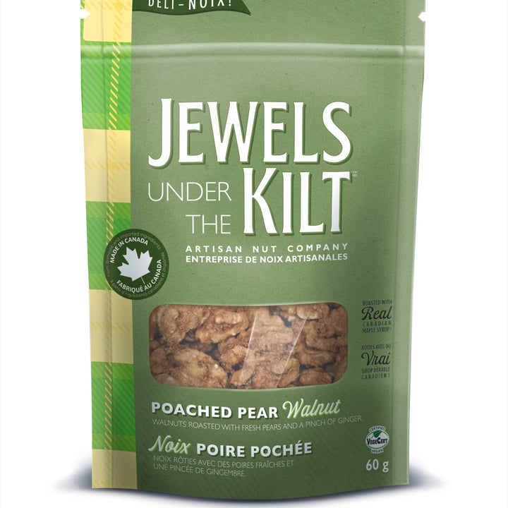 A 60g stand-up pouch of Jewels Under the Kilt Poached Pear Walnut nuts, featuring a green and yellow plaid design with a clear window showing the nuts inside.