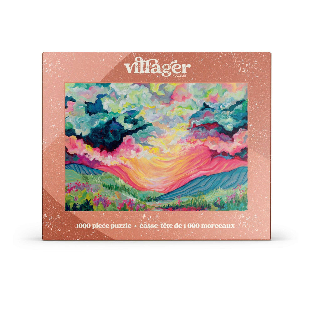 Villager Puzzles Daybreak 1000-piece puzzle showing a colorful sunrise landscape with detailed scenery and vibrant sky.