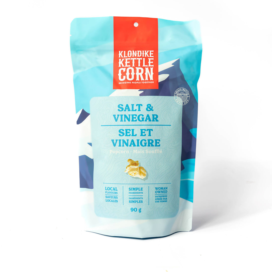 Klondike Kettle Corn salt and vinegar flavor packaging on a white background