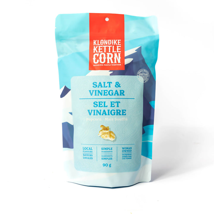 Klondike Kettle Corn salt and vinegar flavor packaging on a white background