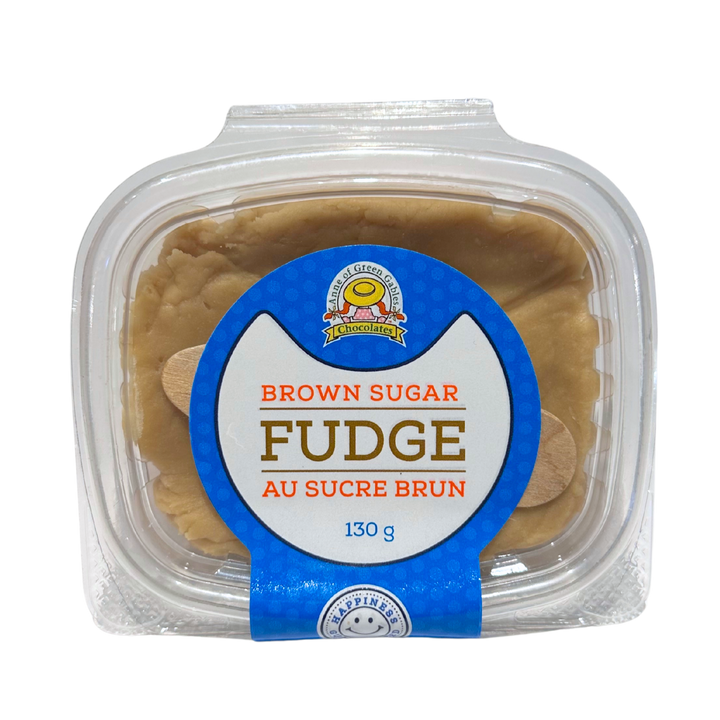 Packaged brown sugar fudge with a blue label on a white background