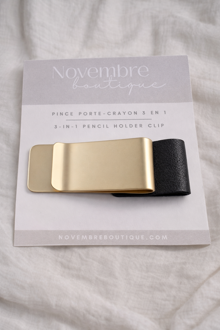 Gold and black pencil holder clip on November Boutique packaging