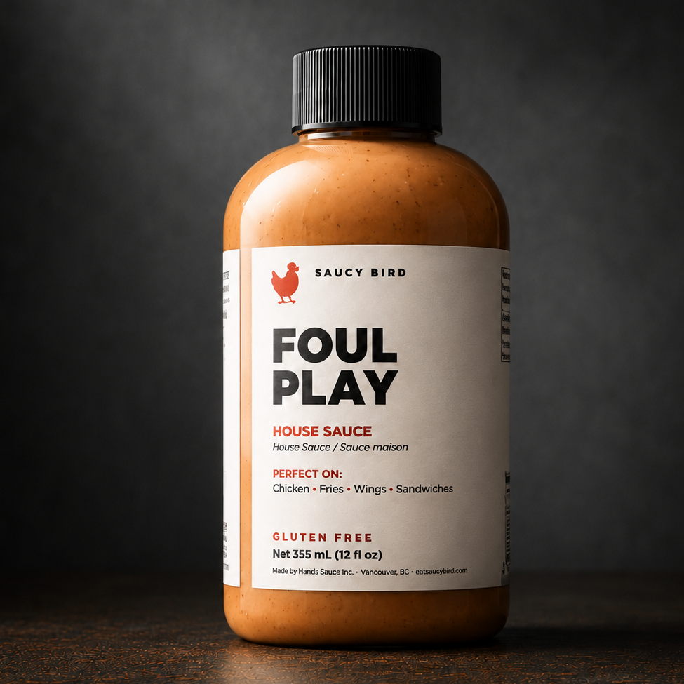 A bottle of Saucy Bird Foul Play House Sauce, featuring a white label with black and red text, set on a dark wooden surface against a dark, smoky background.