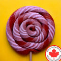 Rootbeer handmade whirl pop candy from Volio’s Confections, showing colorful swirled lollipop on a stick.