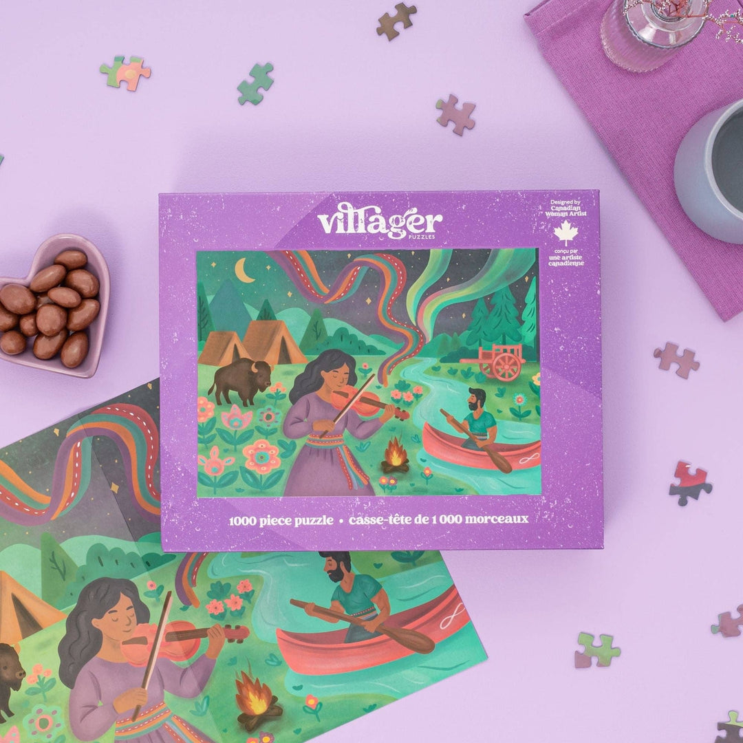 Villager puzzle box with colorful illustration on a purple background