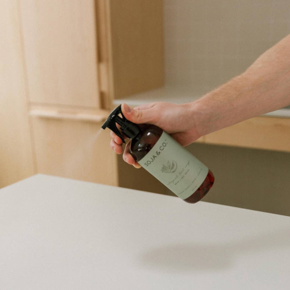 SOJA&CO.® All Purpose Cleaner with Melon and Salty Air scent, showing a spray bottle with fresh, vibrant green label and cleaner inside.