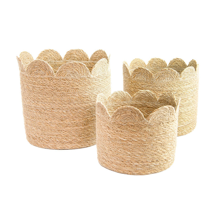 3pc Round Seagrass Scallop Edge Basket (Natural): Natural - Gift Smack Gift Company