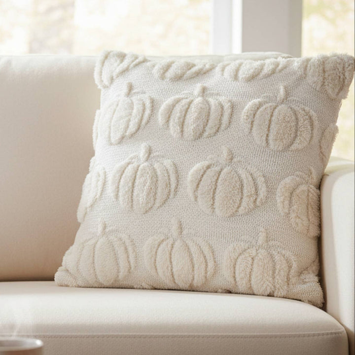 An off-white textured throw pillow with a raised pumpkin pattern styled on a cream sofa in a cozy living room setting, with a wooden coffee table, a mug, and a bowl of fruit in the foreground.