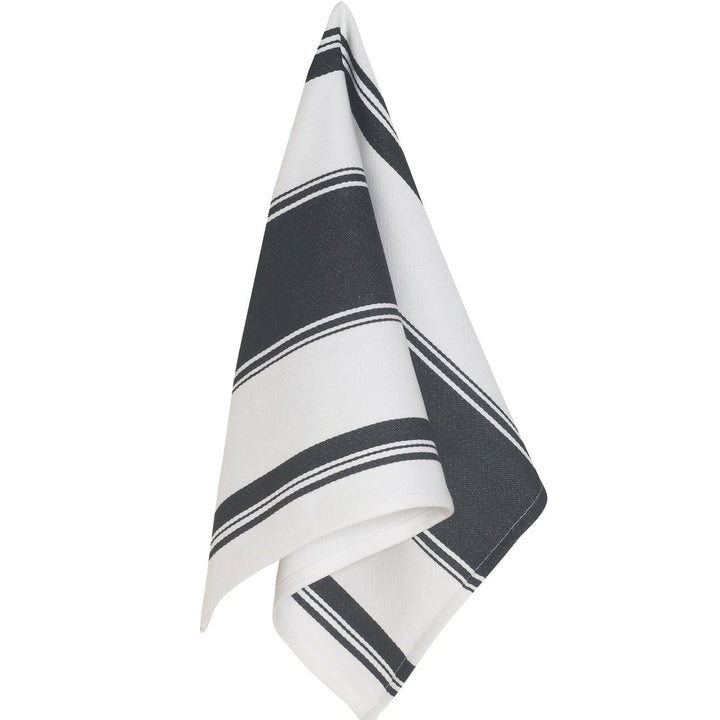 Black and white striped towel on a white background