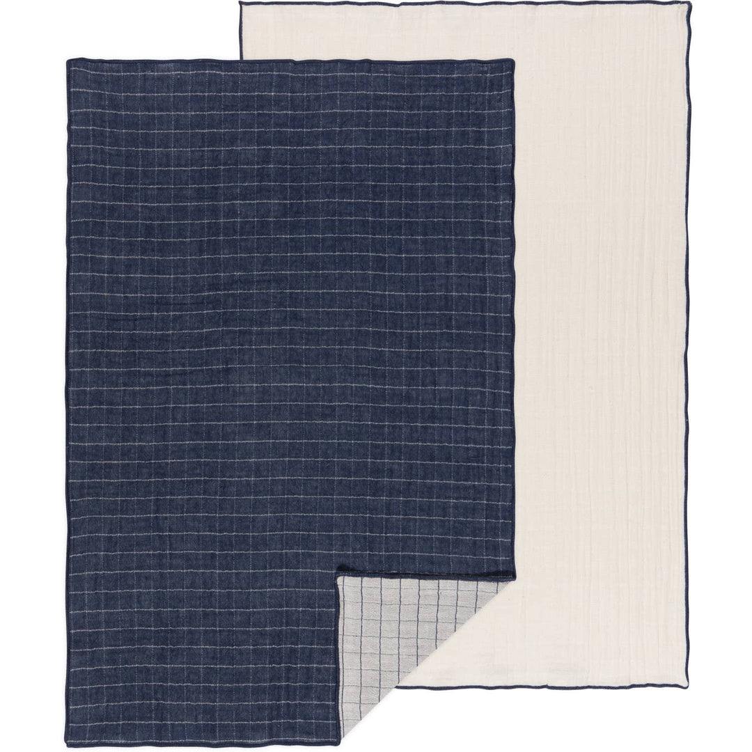 Blue checkered blanket with white border on a white background