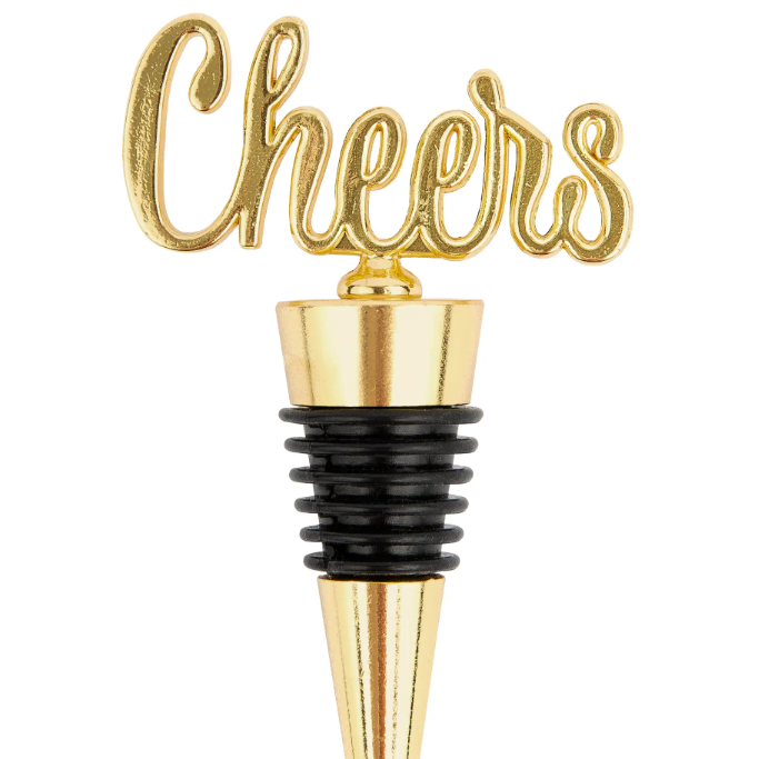 Gold bottle stopper with 'Cheers' text on a white background