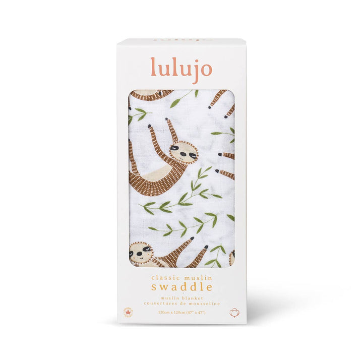 Lulujo swaddle blanket packaging with sloth design on a white background