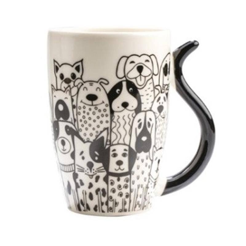 Mug with black and white dog illustrations on a white background