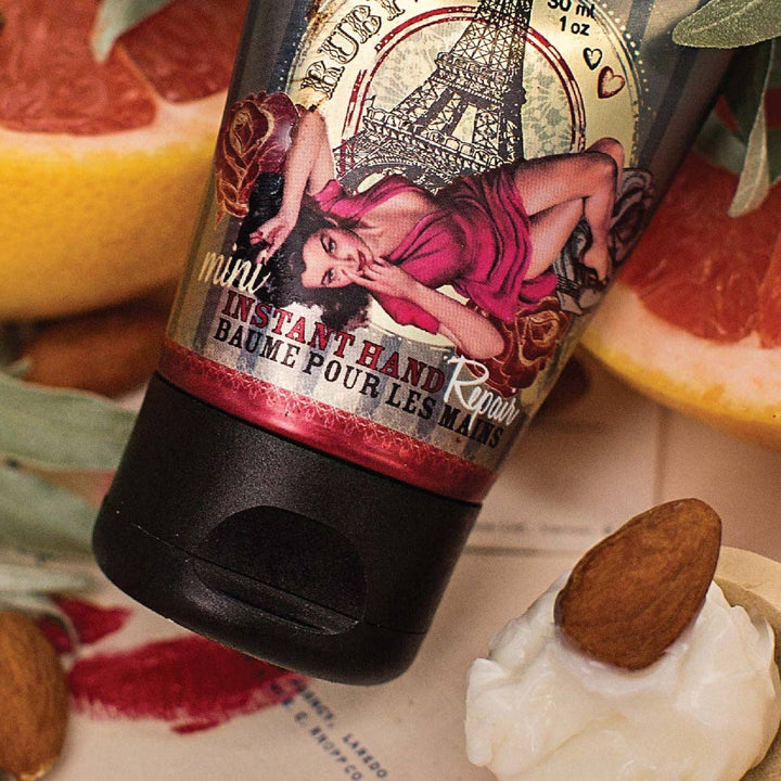 Barefoot Venus Ruby Red Hand Repair Balm in a jar, shown with a spa and bath body theme, highlighting luxurious hand skincare.
