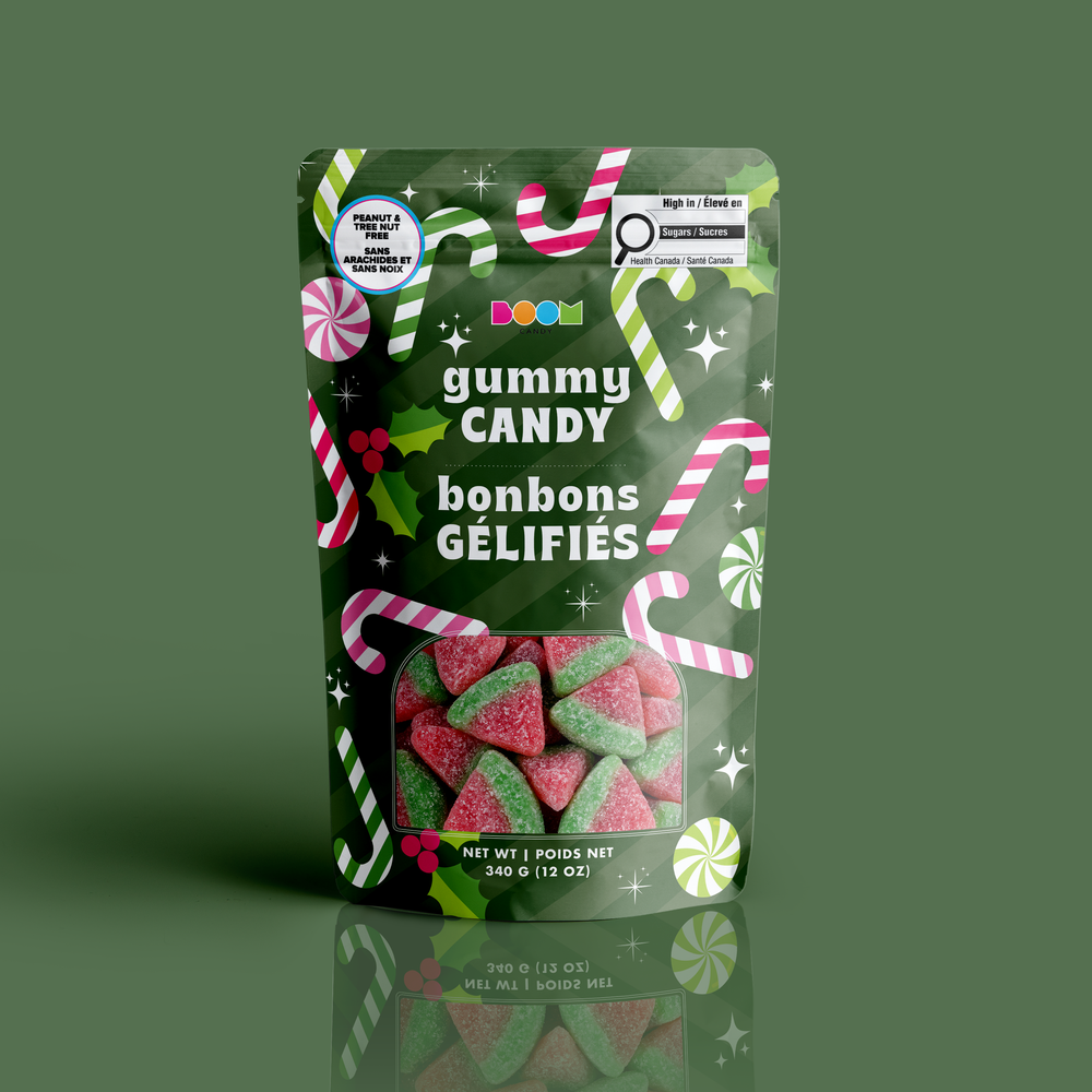Green candy canes from Boom Candy, gummy candy in a 340g package, colorful and chewy sweet treats for candy lovers.