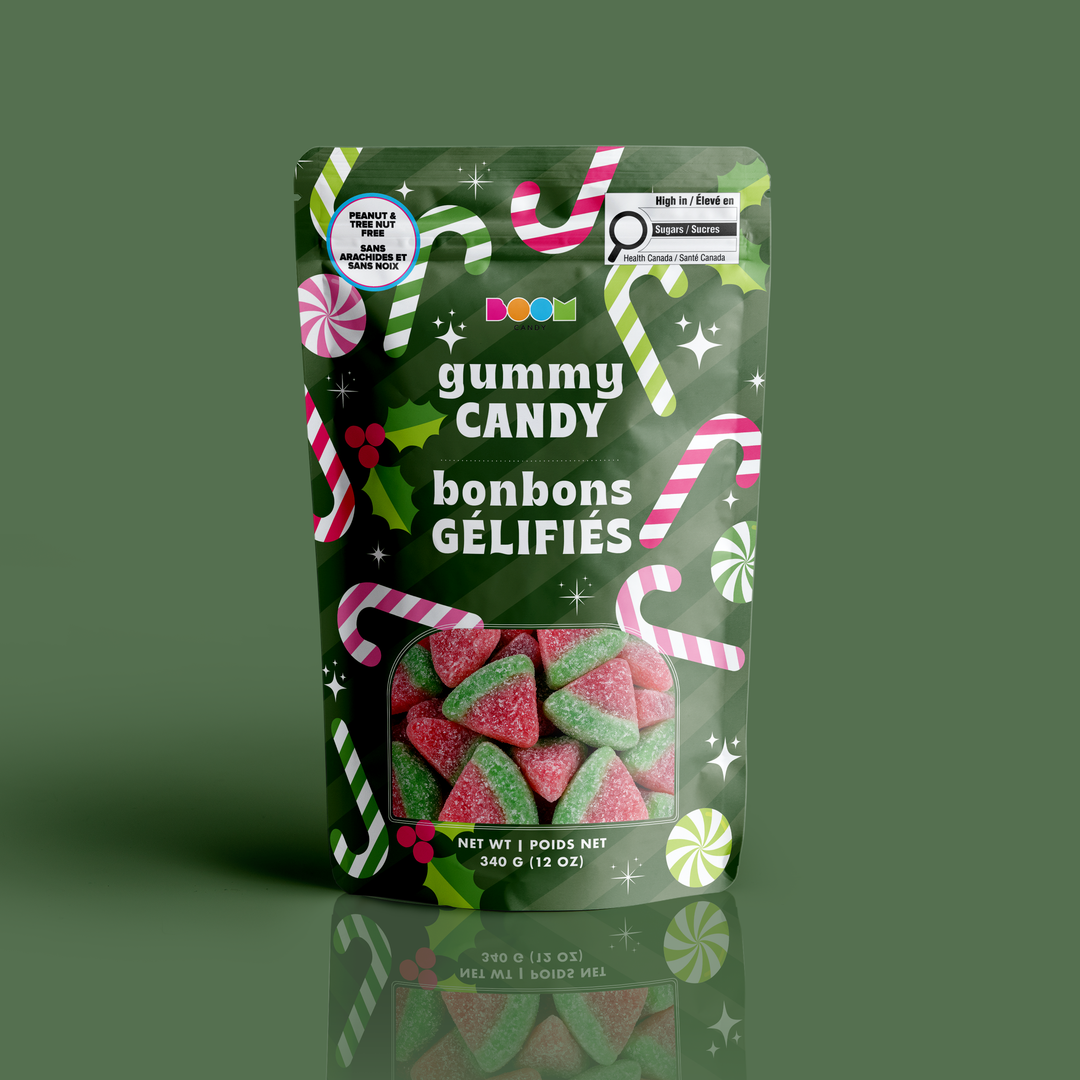Green candy canes from Boom Candy, gummy candy in a 340g package, colorful and chewy sweet treats for candy lovers.