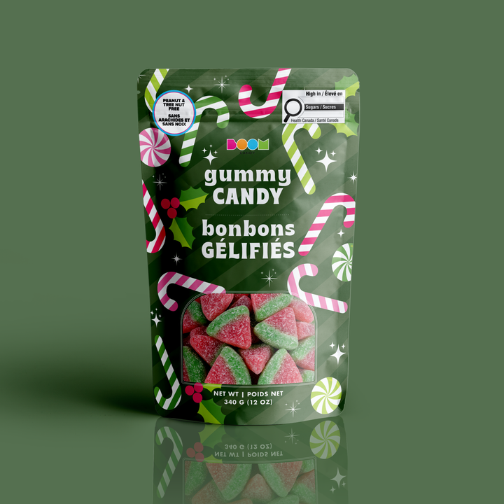 Green candy canes from Boom Candy, gummy candy in a 340g package, colorful and chewy sweet treats for candy lovers.