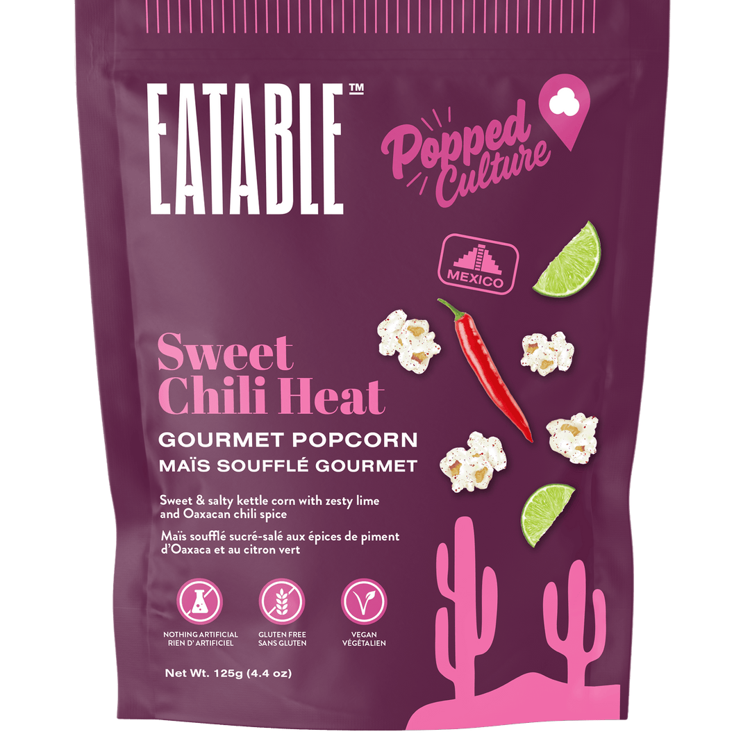 Eatable Sweet Chili Heat gourmet popcorn packaging on a white background