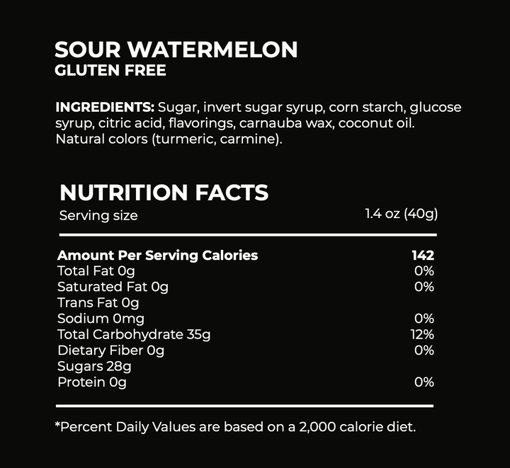 Nutrition facts label for sour watermelon candy on a black background