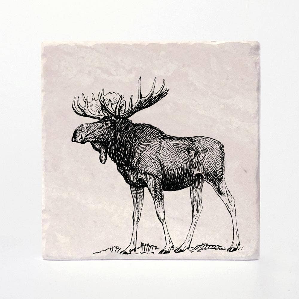 Black and white illustration of a moose on a textured beige background