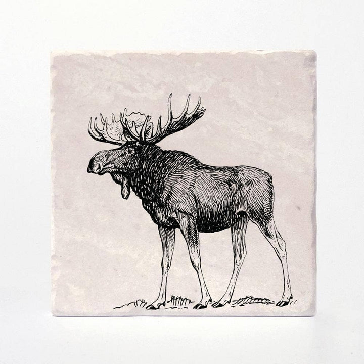 Black and white illustration of a moose on a textured beige background