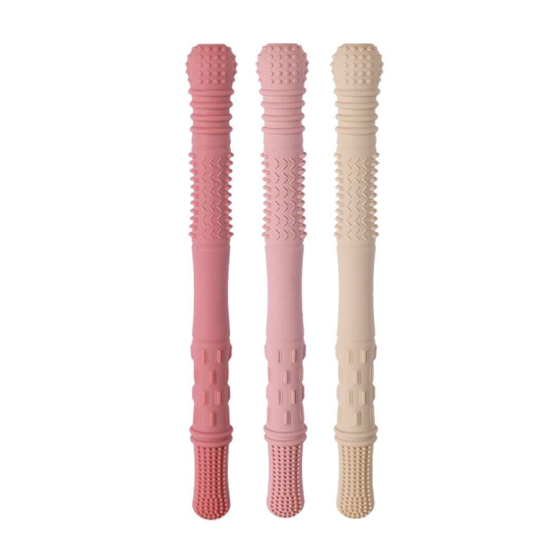 Two pink and beige textured sticks on a white background