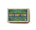 Soap packaging with 'Boys Don't Stink' text on a white background