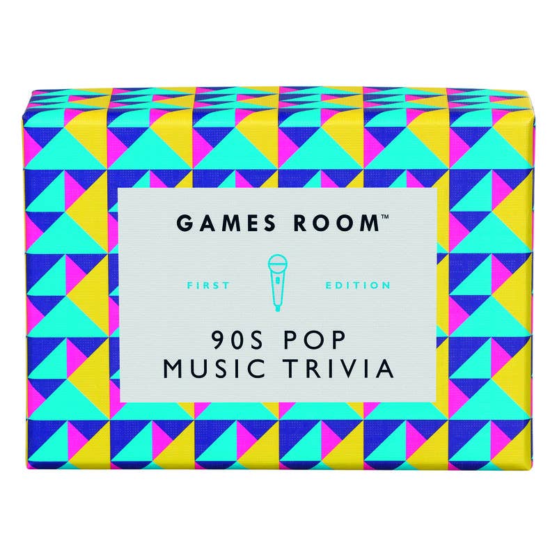 90s Pop Music Trivia game box with geometric pattern