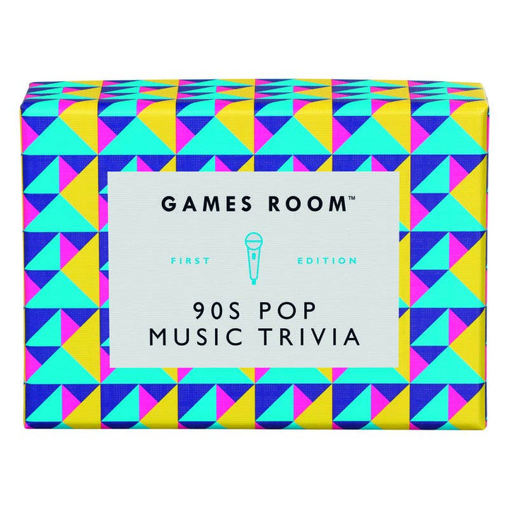 90s Pop Music Trivia game box with geometric pattern