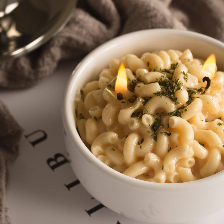 Macaroni and Cheese Candle Bowl from Southlake Gifts Canada, decorative candle in a bowl resembling macaroni and cheese.