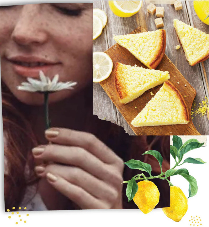 Collage of a woman smelling a flower, lemon cake slices on a wooden board, and lemons with leaves.