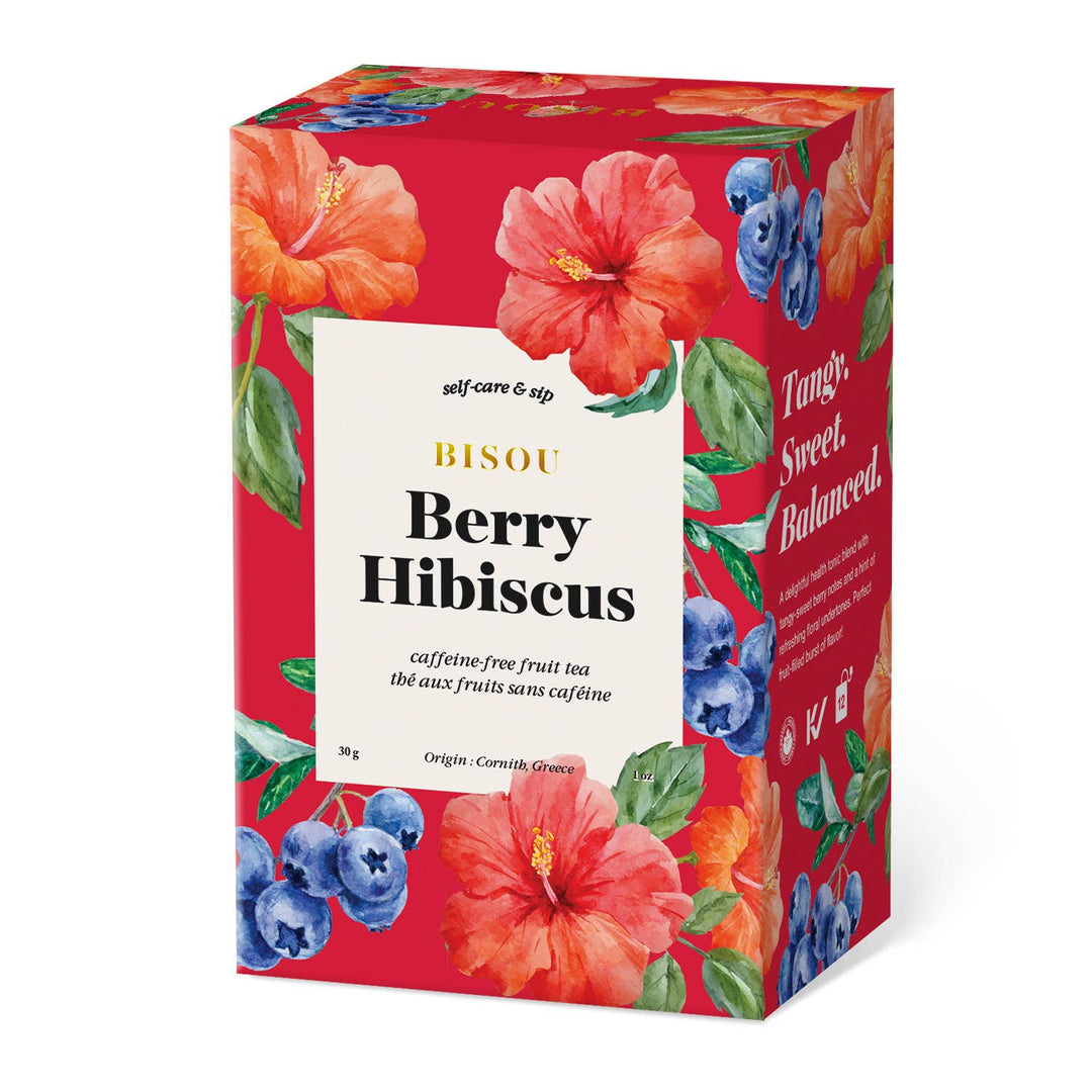Bisou Berry Hibiscus tea box with floral and fruit design on a white background