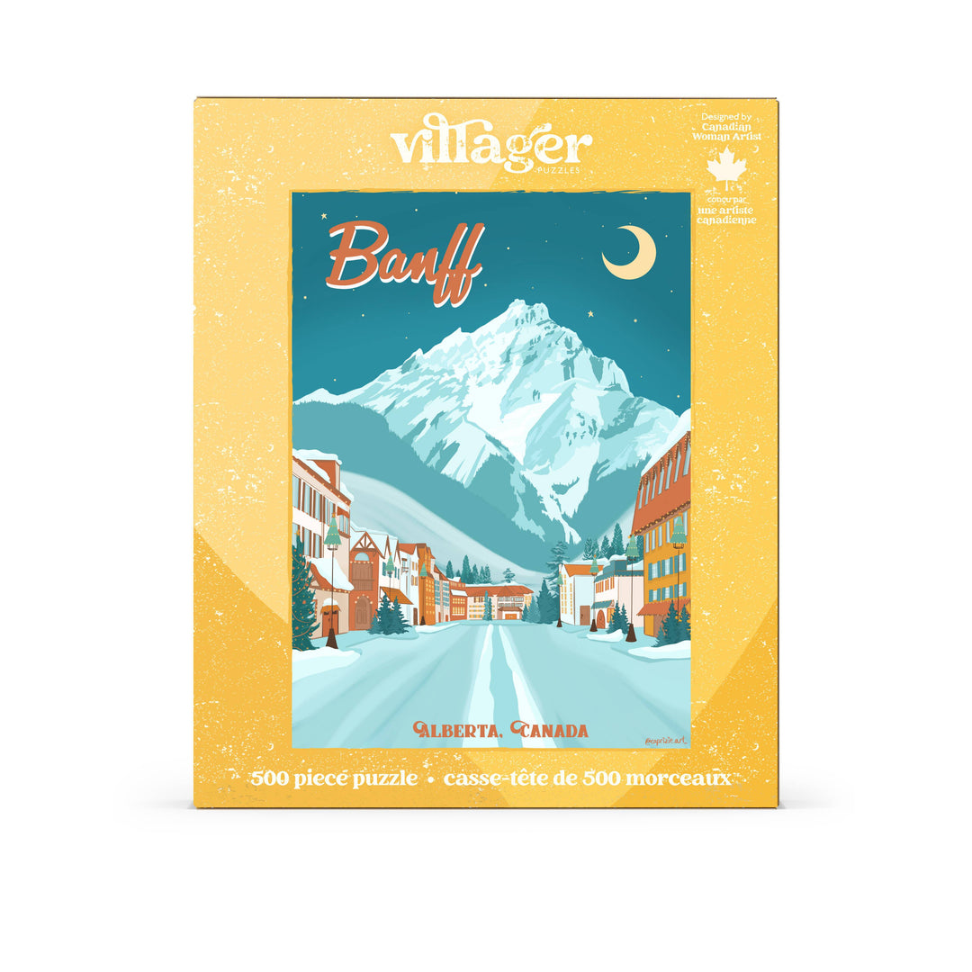 Villager Puzzles Banff Moonlight 500-piece puzzle depicting a scenic night view of Banff in Canada.