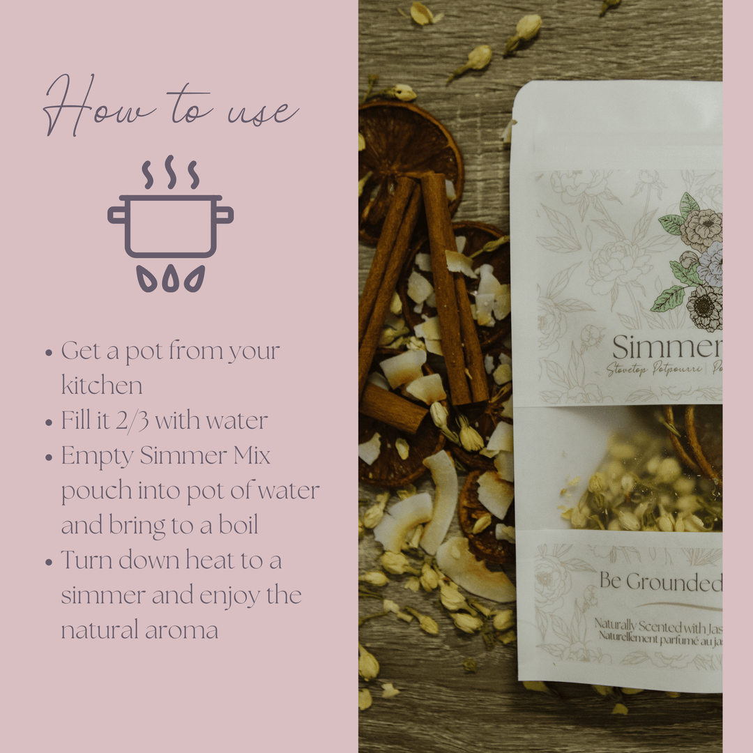 Simmer &amp; Co Be Grounded Simmer Pot Mix in a jar with herbs and spices, ready for home aromatherapy and cozy ambiance.
