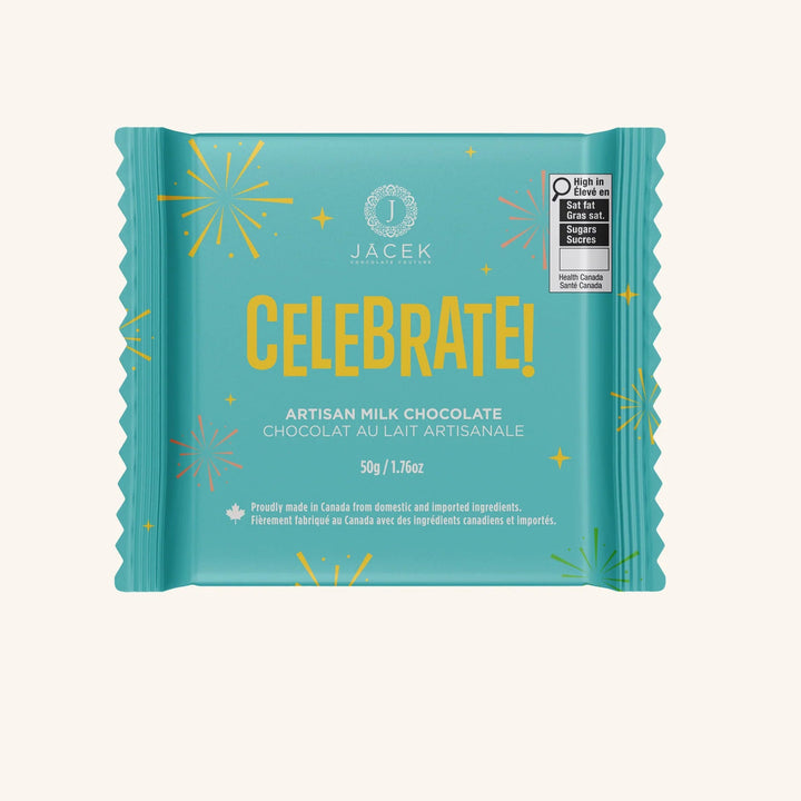 Jacek Celebrate! Artisanal Milk Chocolate packaging on a white background