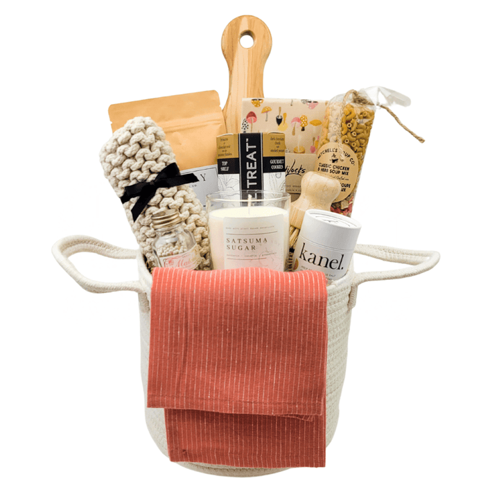 Cozy kitchen gift basket by Gift Smack featuring assorted kitchen essentials in a stylish box for home cooking.