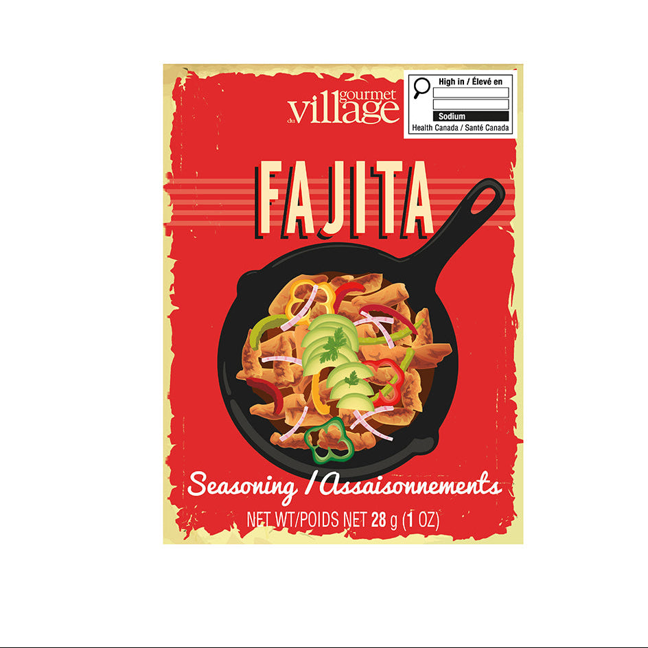 Gourmet Village Fajita seasoning packaging on a white background