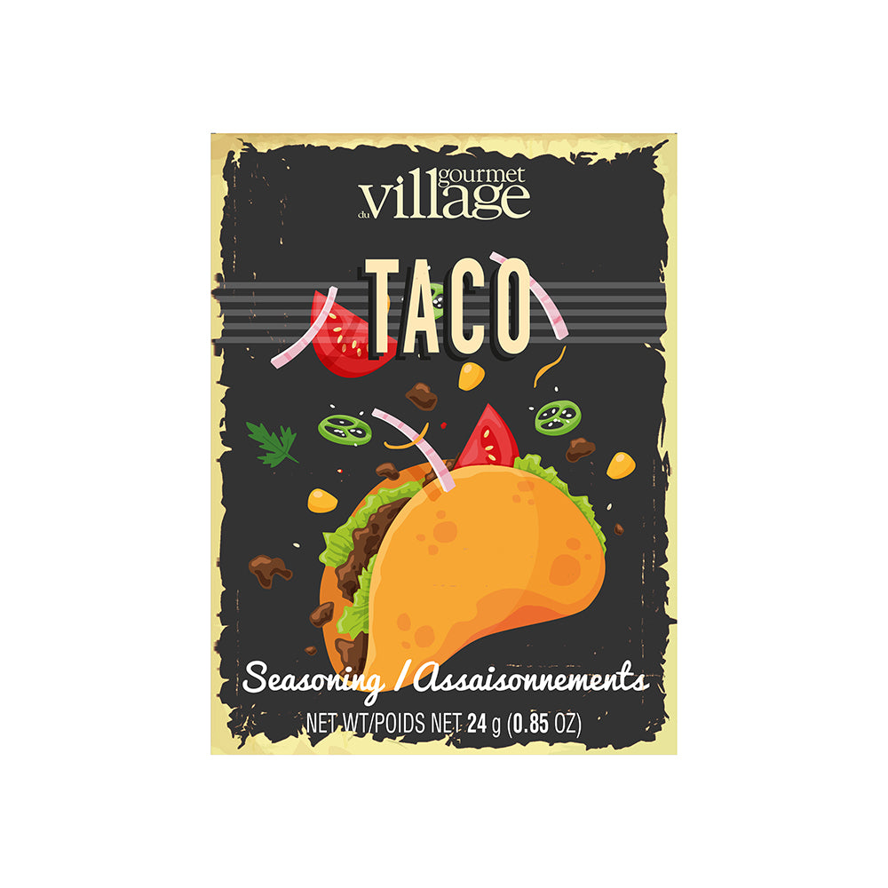 Gourmet Village Taco seasoning packet on a white background