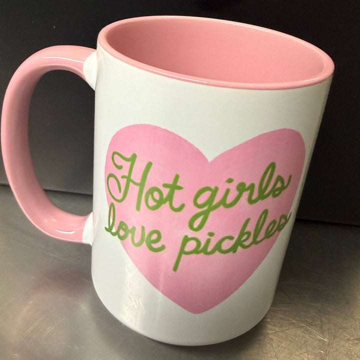 Hot Girls love pickles mug by Happy Organized Home, featuring a playful design and a ceramic mug with colorful pickle illustrations.