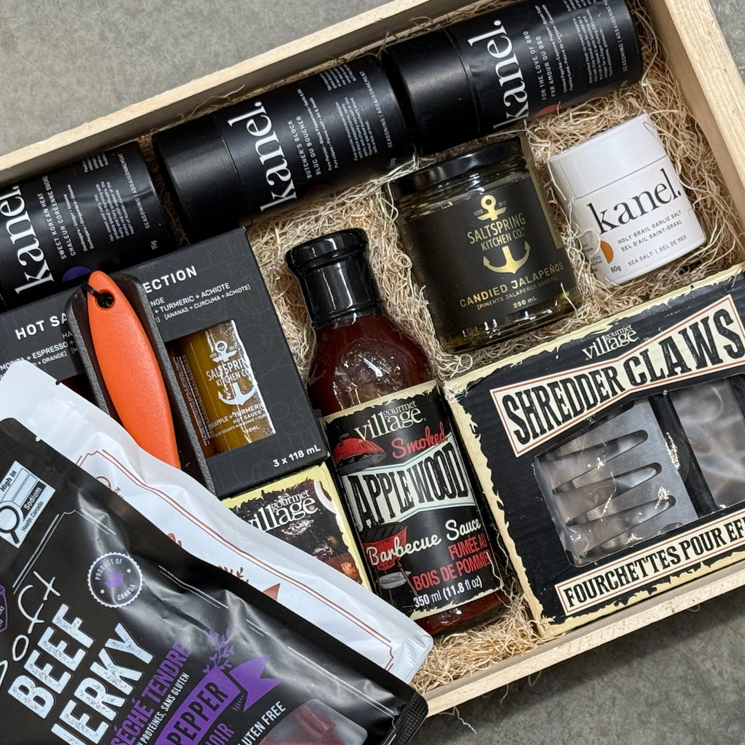 Gift Set with Kanel Spices, Salt Spring Kitchen Jams & Hot Sauces and BBQ tools packed in a wood crate