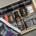Gift Set with Kanel Spices, Salt Spring Kitchen Jams & Hot Sauces and BBQ tools packed in a wood crate