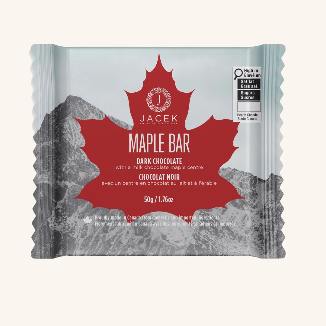 Jacek Maple Bar packaging with a red maple leaf design on a white background