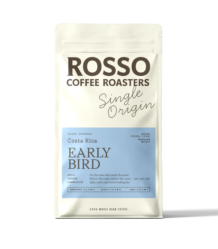 Rosso Coffee Roasters Costa Rica Early Bird coffee package on a white background
