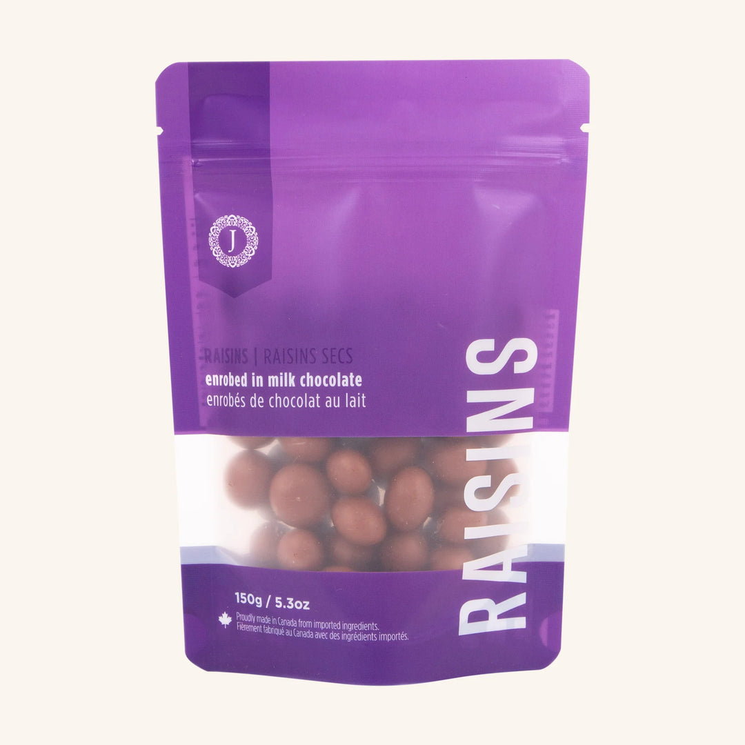 Purple package of raisins with visible brand logo on a white background