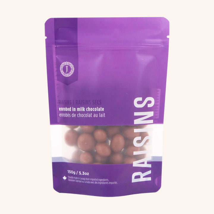Purple package of raisins with visible brand logo on a white background