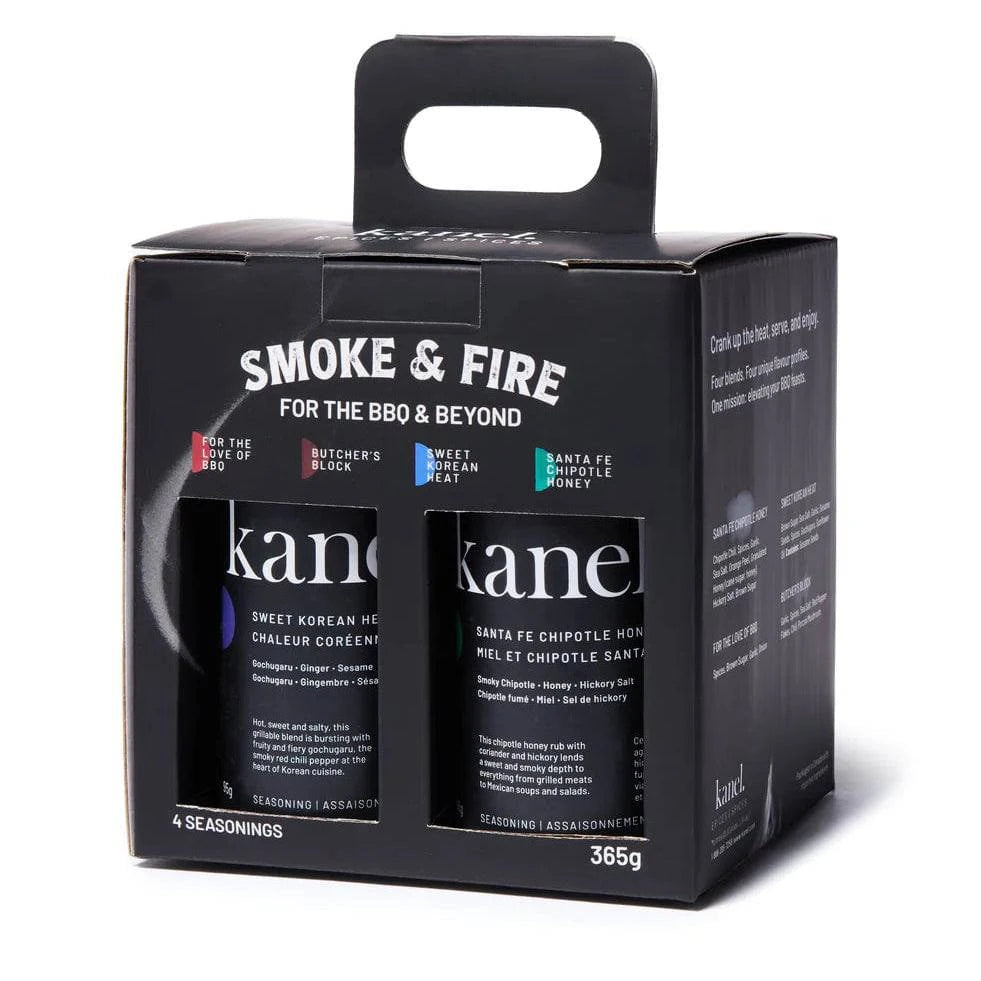 Kane seasoning packaging with 'Smoke & Fire' branding on a white background
