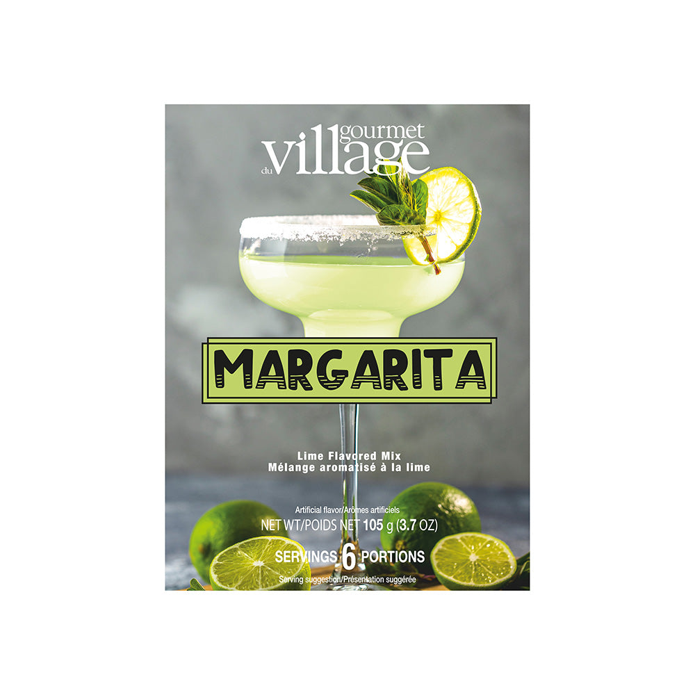Gourmet Village Margarita mix package with a cocktail illustration on a gray background