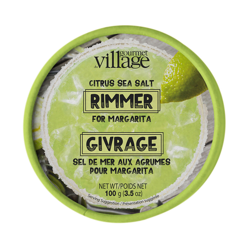 Gourmet Village citrus sea salt rimmer for margarita with lime graphic on a white background